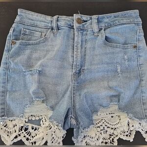 Women's Blue Denim Shorts with Lace Trim